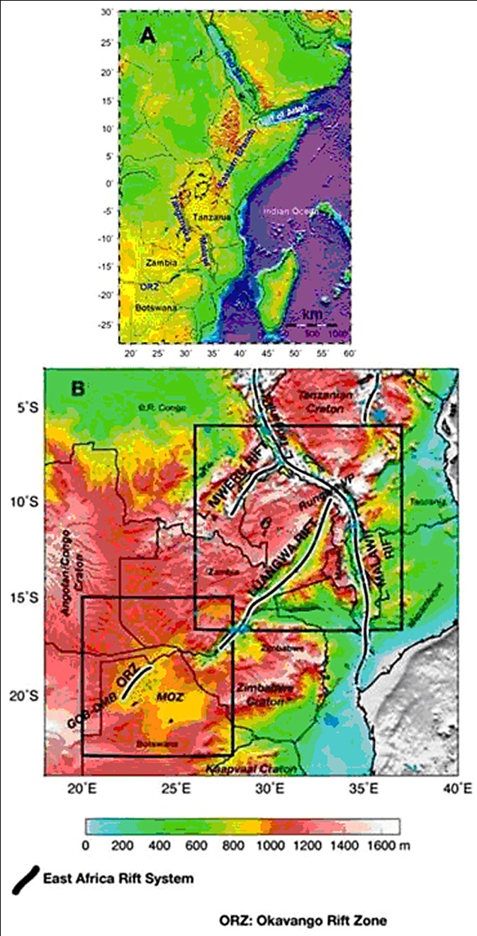 Location of the Okavango Rift Zone (B) in relation to (A) the East African Rift System (EARS): Note scale - scale is for (B) only